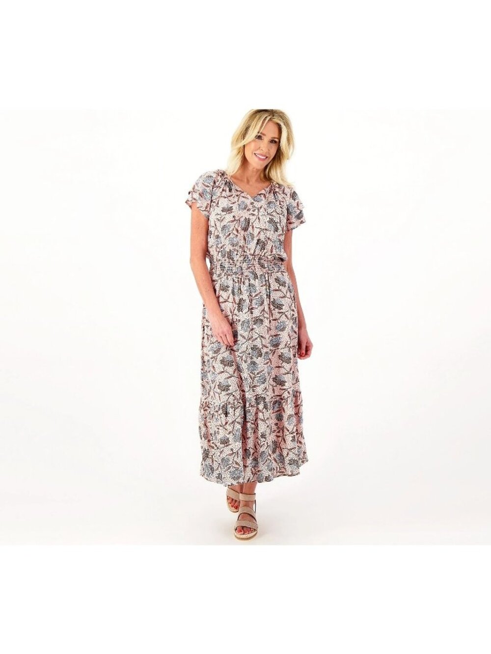 Destination 365 Midi Dress Small Regular Printed Short Sleeve Smocking Floral